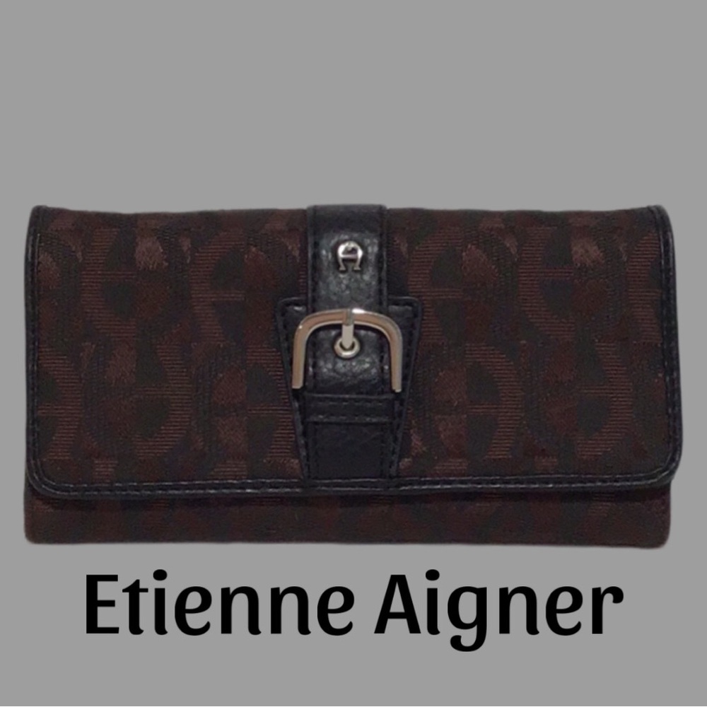 Etienne Aigner Signature Horse Bit Print Tri-Fold Checkbook Wallet, Brown/Black
